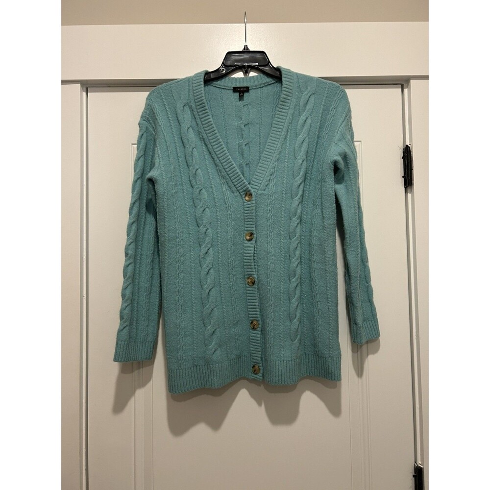 Talbots Chunky Cable Knit Teal Boyfriend Cardigan Sweater Size Small Preppy Cozy